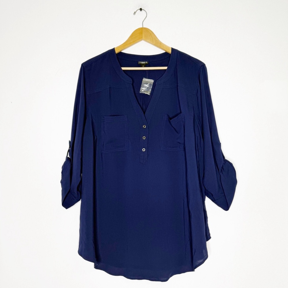 torrid Navy Blue V-Neck Roll-Tab Sleeve Blouse